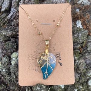 Golden ball chain Blue and gold flake leaf sparkle necklace pendant